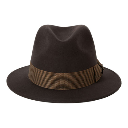 Brown fedora hat with a wide brim and brown band on a white background