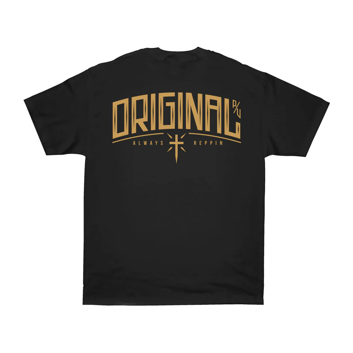 Black t-shirt with gold 'ORIGINAL' text on a white background