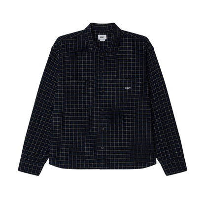 Navy grid-patterned shirt on a white background