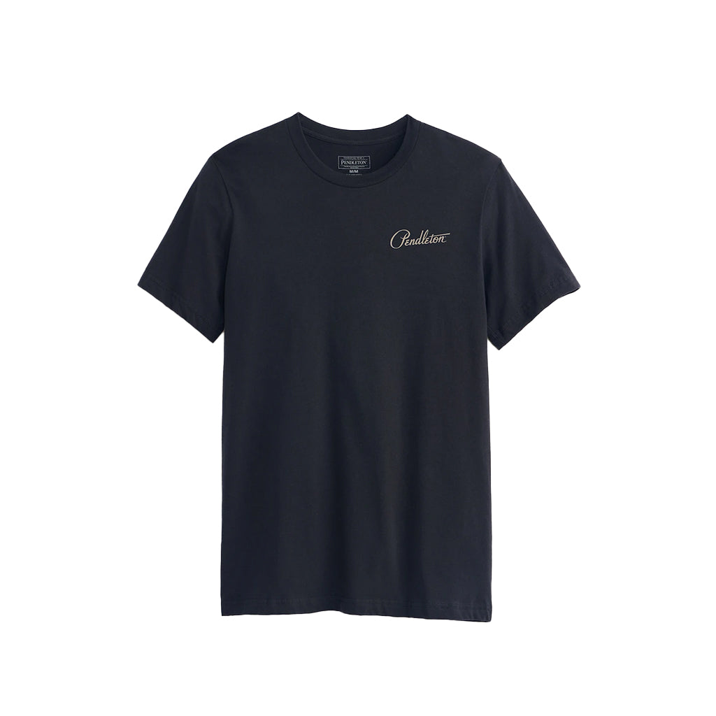 Black t-shirt with a logo on a white background