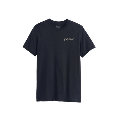 Black t-shirt with a logo on a white background