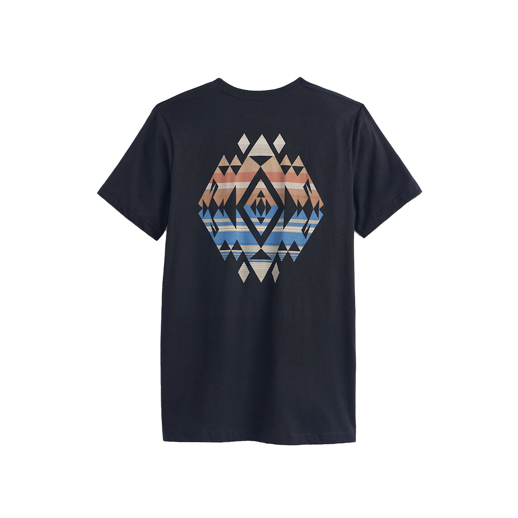 Black t-shirt with a geometric pattern on the back against a white background