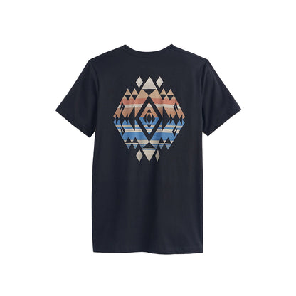 Black t-shirt with a geometric pattern on the back against a white background