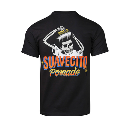 Black t-shirt with custom artwork featuring a skull and the text 'SUAVEGITO Pomade' in orange and yellow.