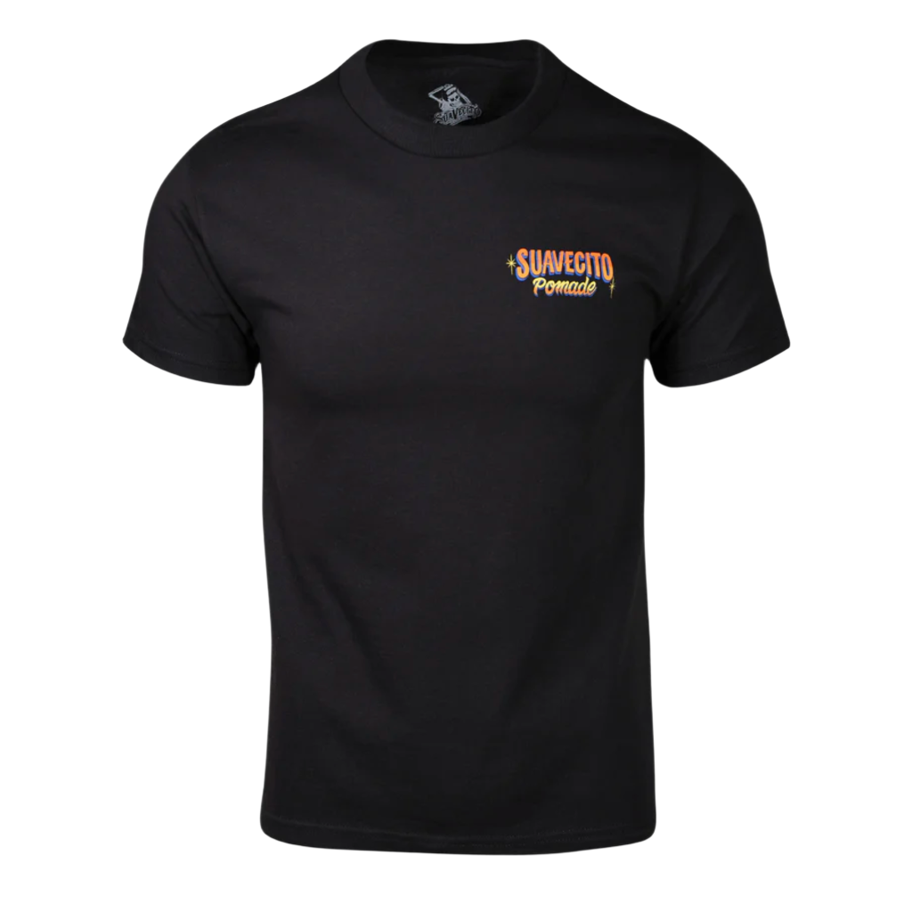 Suavecito shirt with orange and yellow text on front on a white background