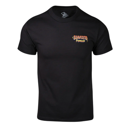 Suavecito shirt with orange and yellow text on front on a white background