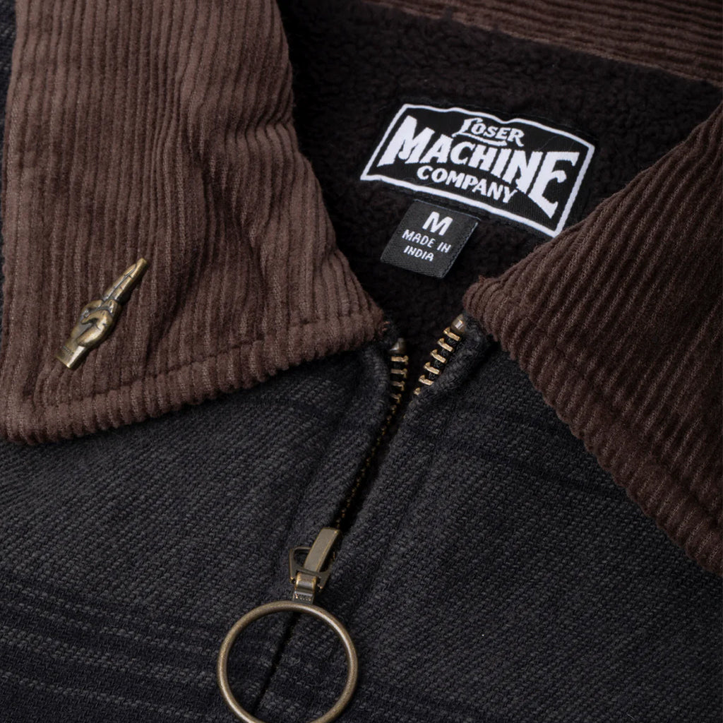 Close-up of a jacket with a brand label and zipper detail