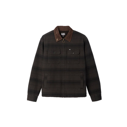 Brown plaid jacket with a brown collar on a white background