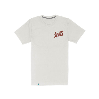 White t-shirt with red text on a white background