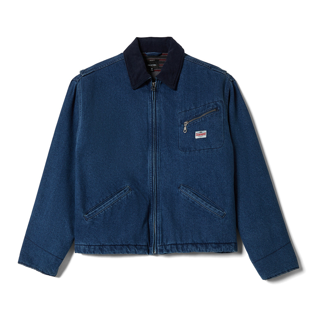 Blue denim jacket with a brand logo on a white background