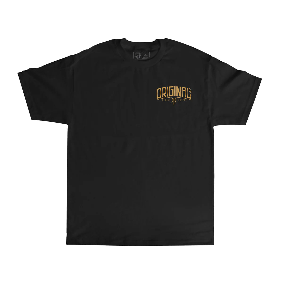 Black t-shirt with gold logo on a white background