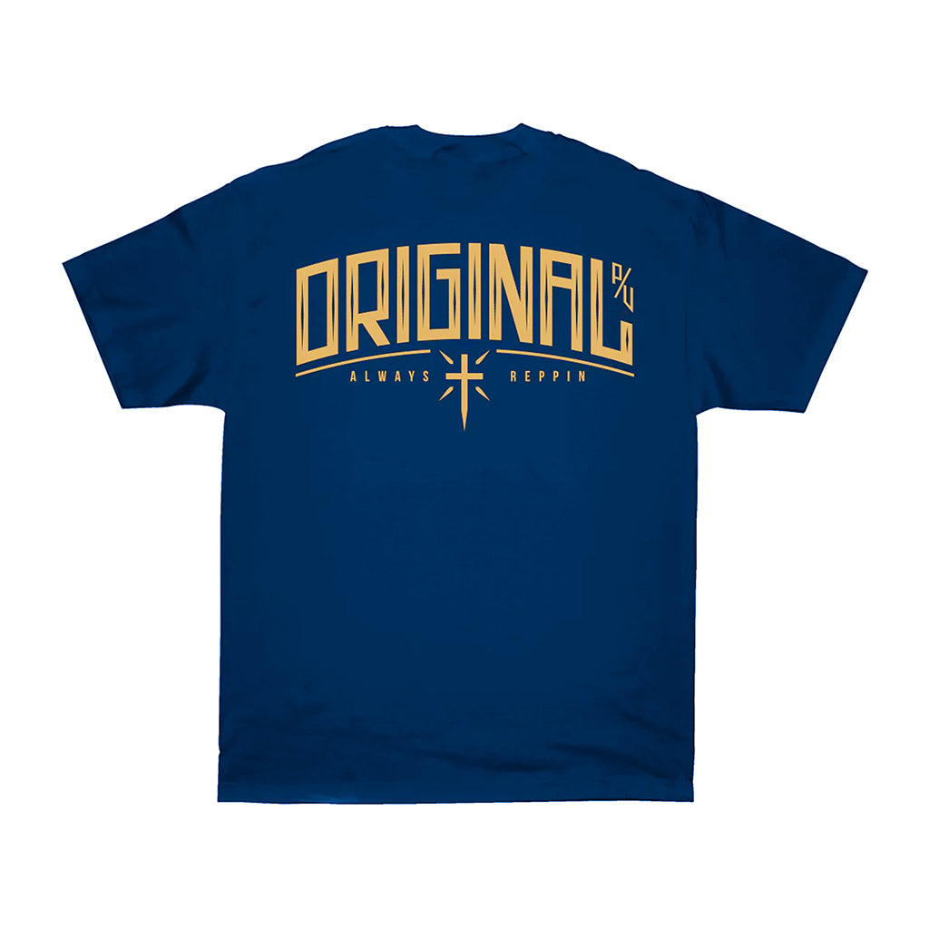 Blue t-shirt with yellow text on a white background