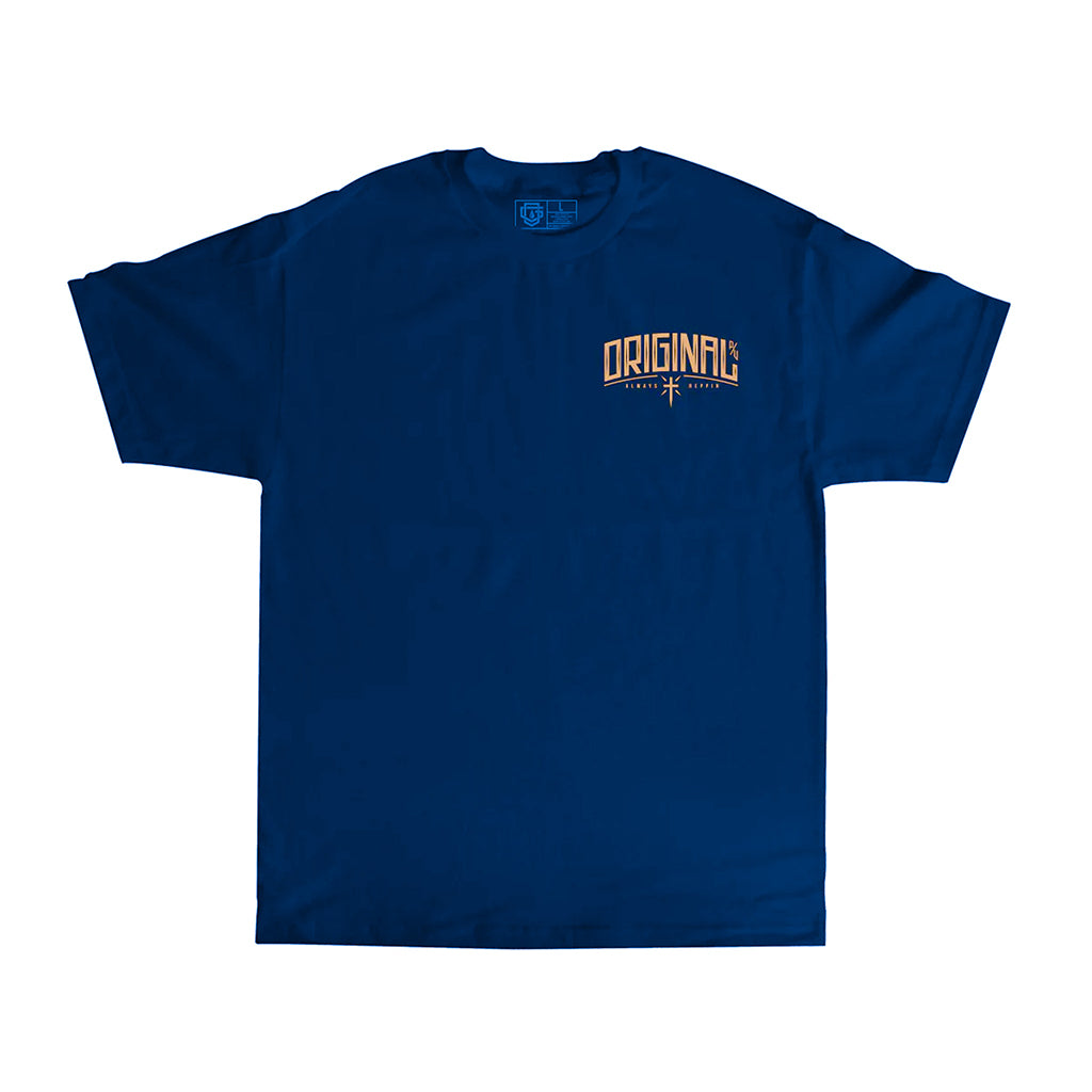 Blue t-shirt with 'Original' logo on a white background