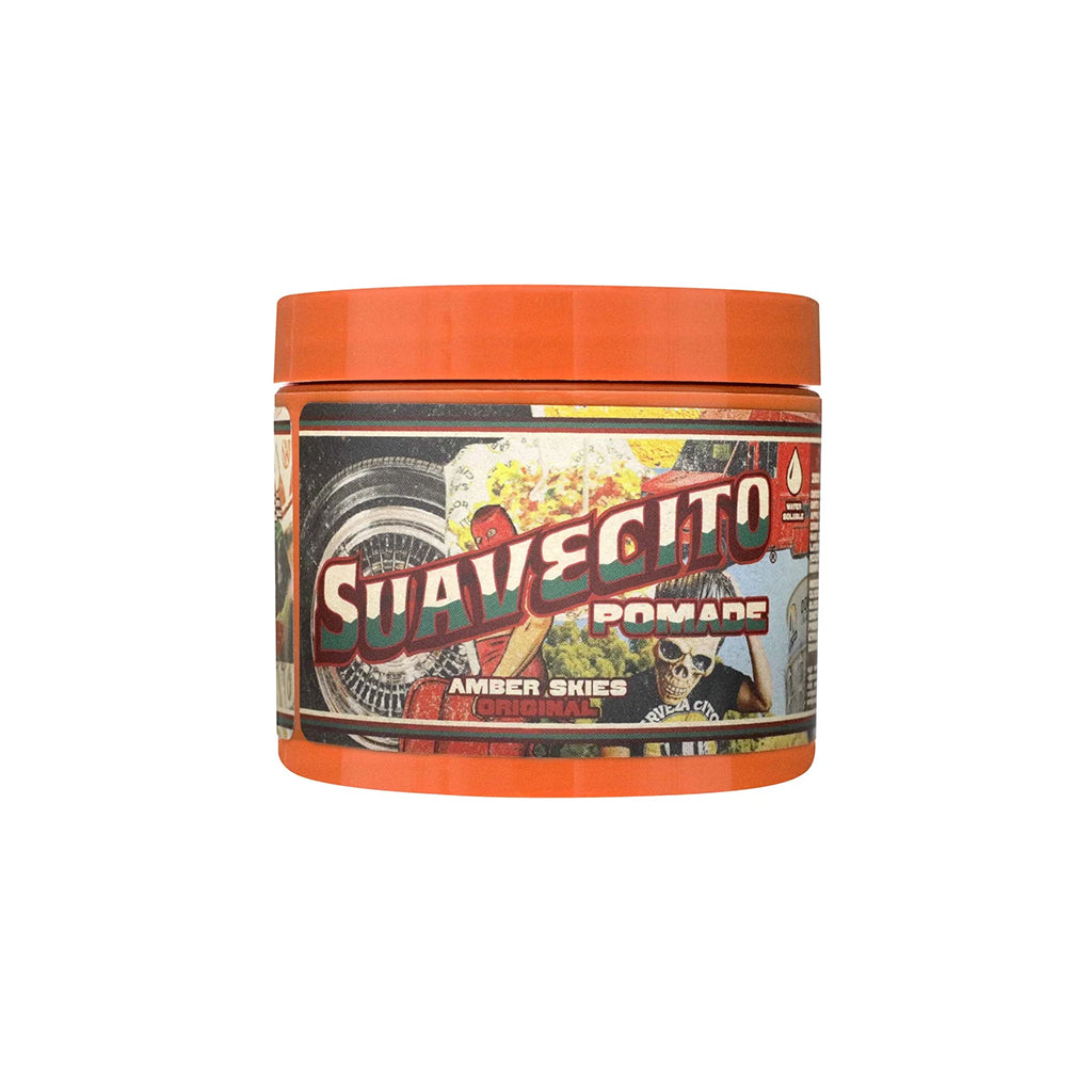 Jar of Suavecito Pomade with colorful label on a white background