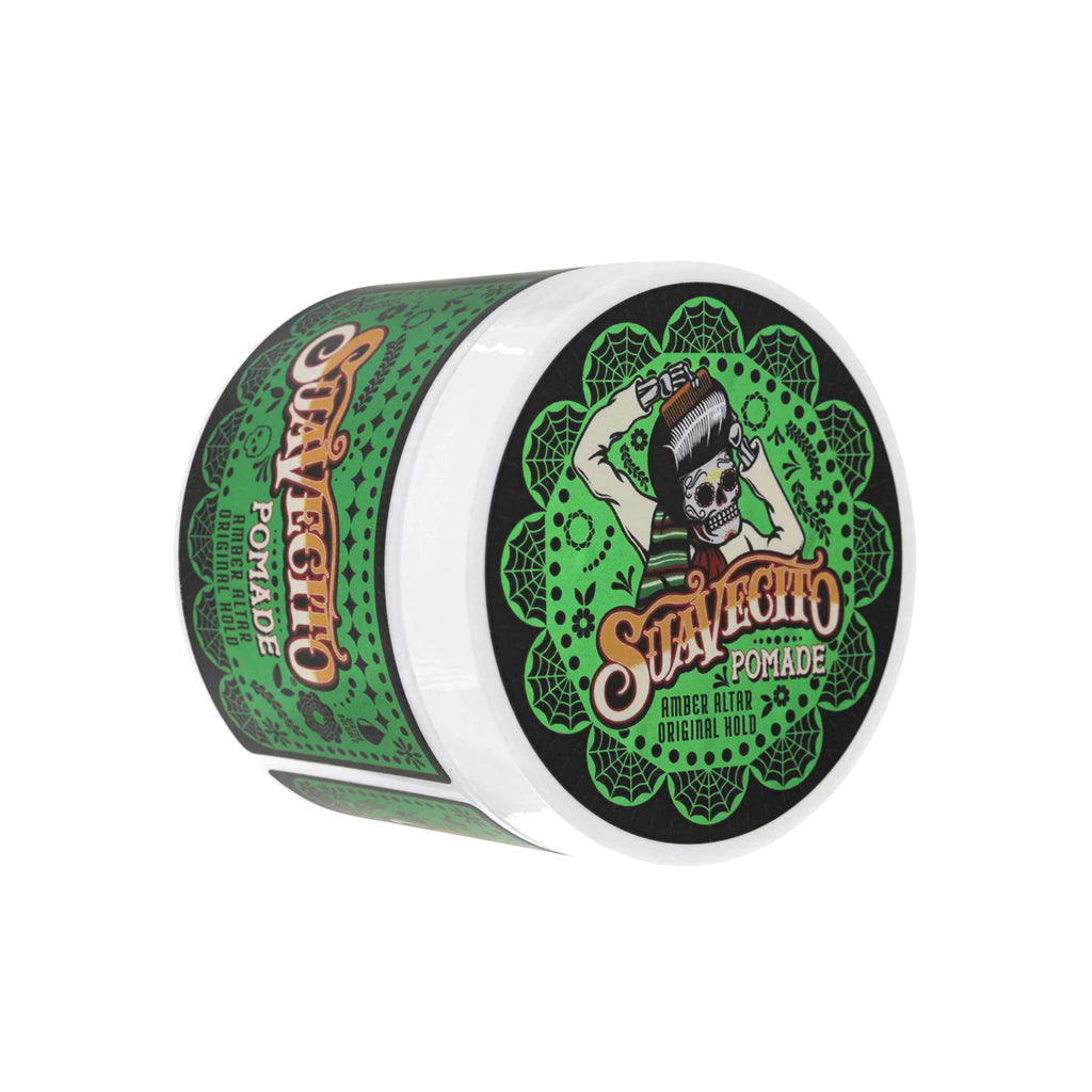 Suavecito pomade can in green with skull mascot with a serape