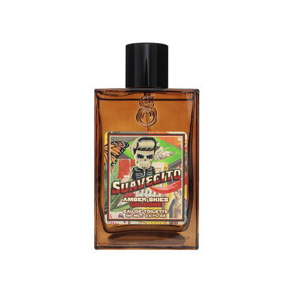Perfume bottle with colorful label on a white background