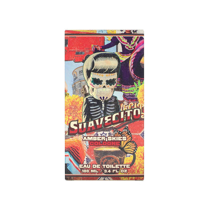 Colorful packaging of Suavecito cologne with a skeleton design on a white background