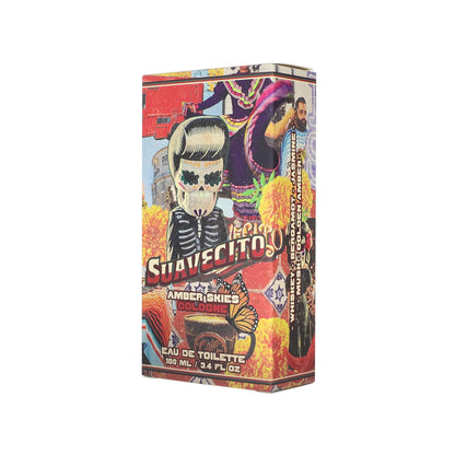 Colorful packaging of a cologne with a skeleton design on a white background