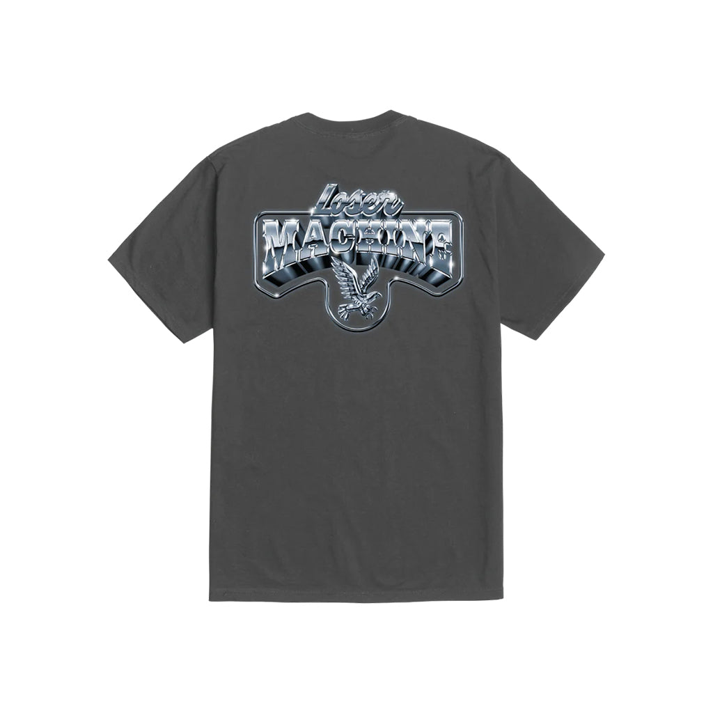 Gray t-shirt with a logo on the back against a white background