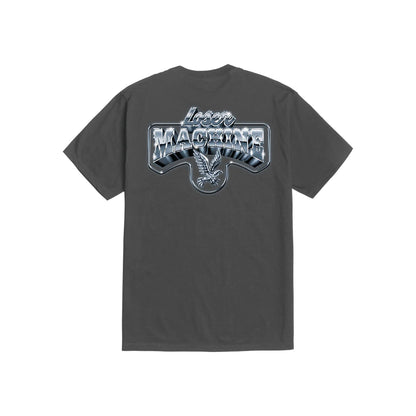 Gray t-shirt with a logo on the back against a white background