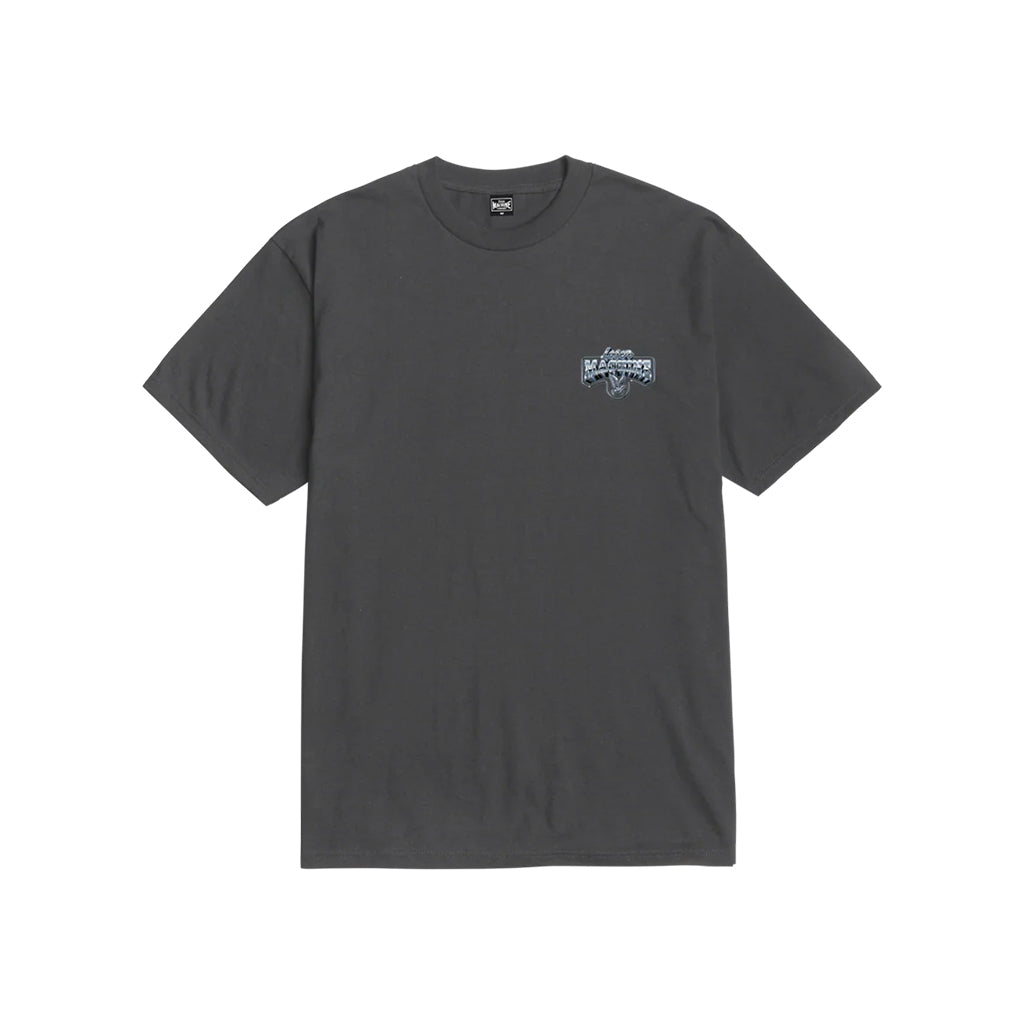 Black t-shirt with a small logo on the chest against a white background