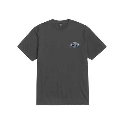 Black t-shirt with a small logo on the chest against a white background