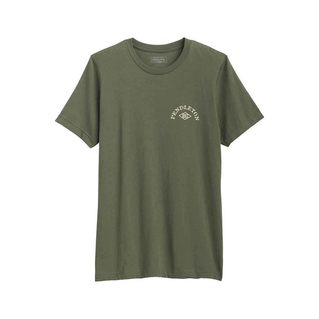 Green t-shirt with a brand logo on a white background