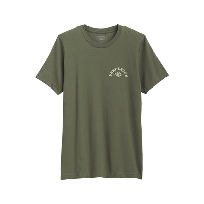 Green t-shirt with a brand logo on a white background