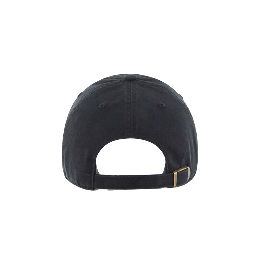 Black cap with a gold emblem on a white background