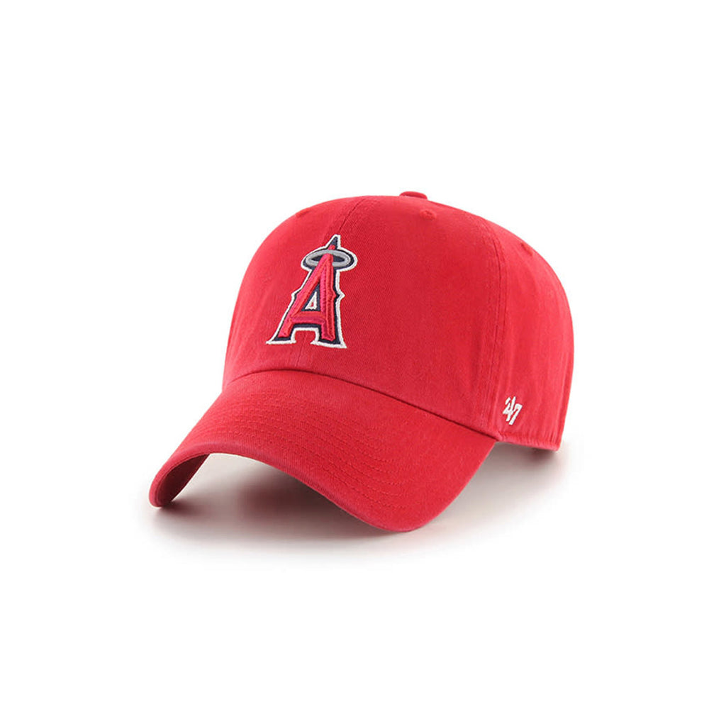 Red baseball cap with a logo on a white background