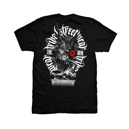 Black t-shirt with graphic design featuring an angel and text on a white background