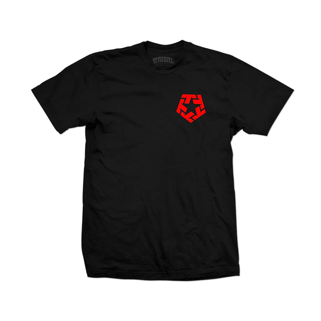 Black t-shirt with a red geometric logo on a white background