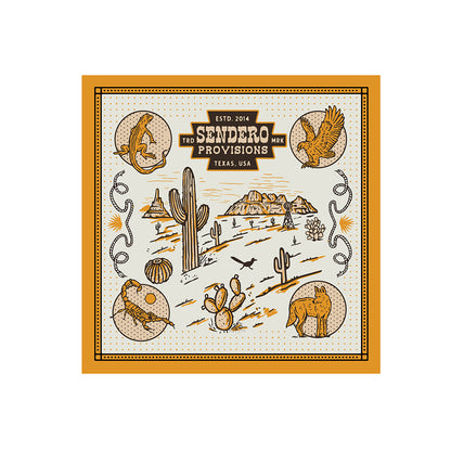 Sendero Provisions product packaging with desert-themed illustrations on a white background