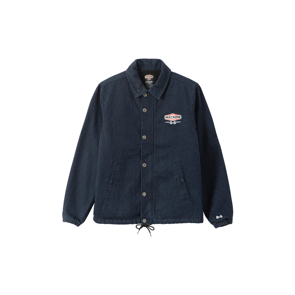 Navy blue jacket with a logo on the chest against a white background