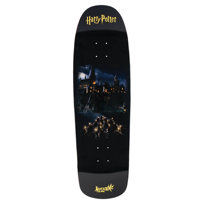 Harry Potter-themed skateboard deck with Hogwarts castle design on a black background