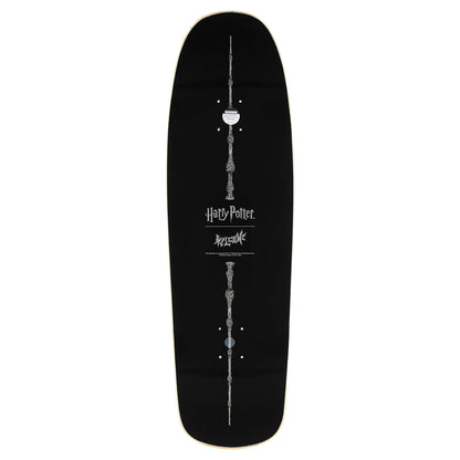 Black skateboard deck with 'Harry Potter' design on a white background