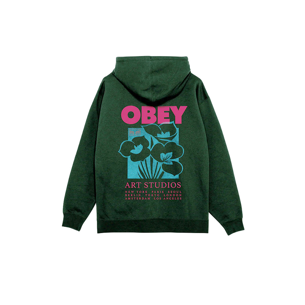 Green hoodie with 'Obey' logo and floral design on the back against a white background