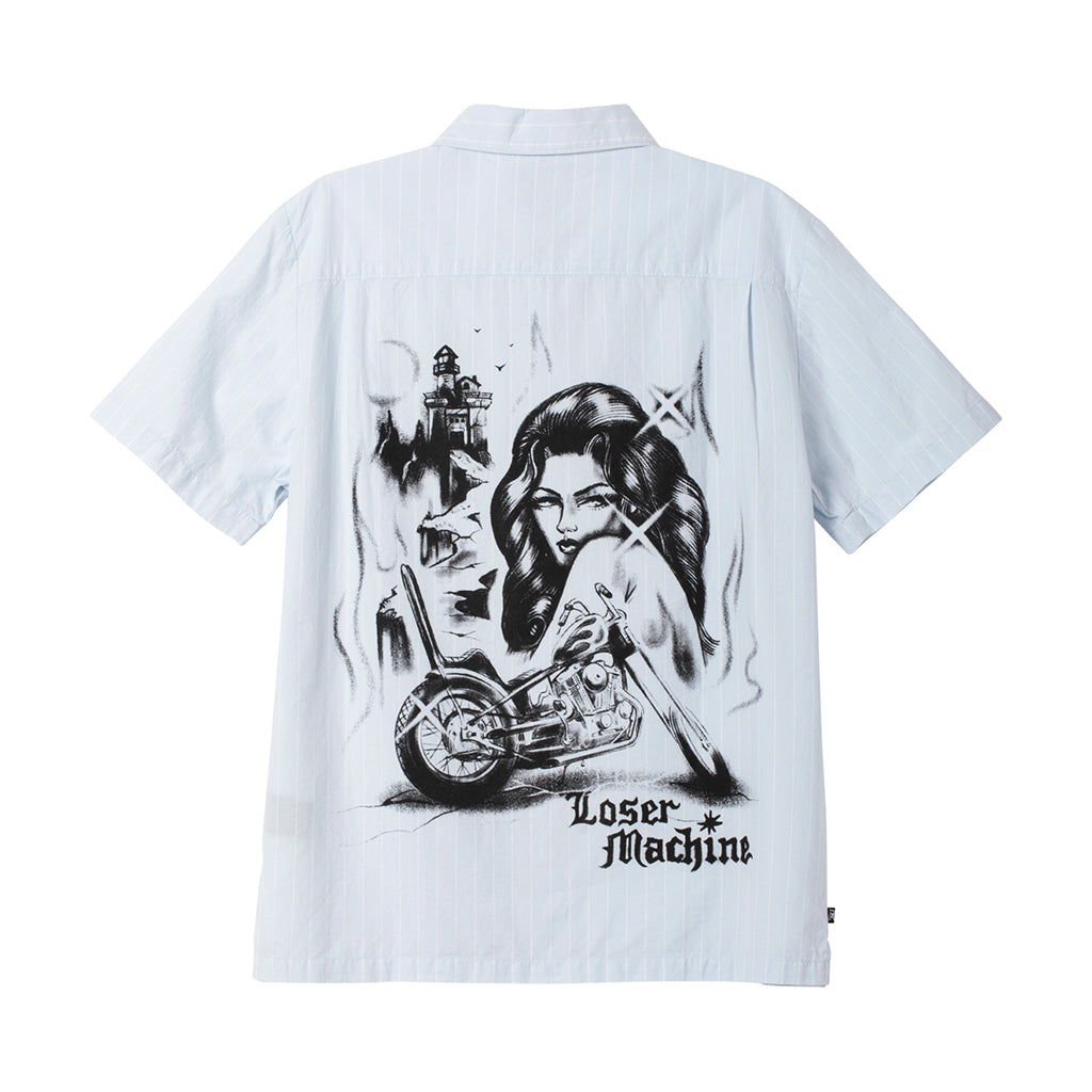 White shirt with black graphic design of a woman and motorcycle on the back, on a white background.