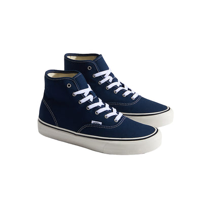 Pair of navy high-top sneakers with white laces on a white background