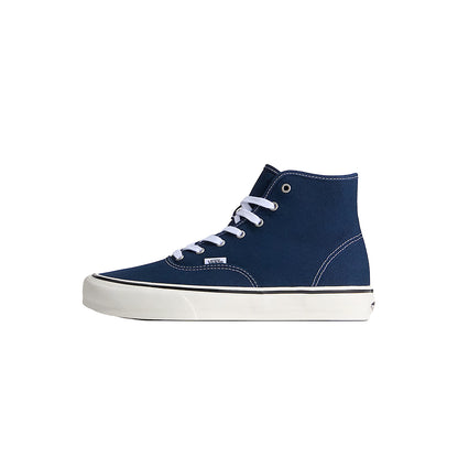 Pair of navy high-top sneakers with white laces on a white background