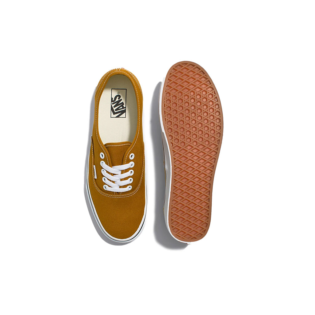 Brown Vans sneaker shown from front and sole on a white background