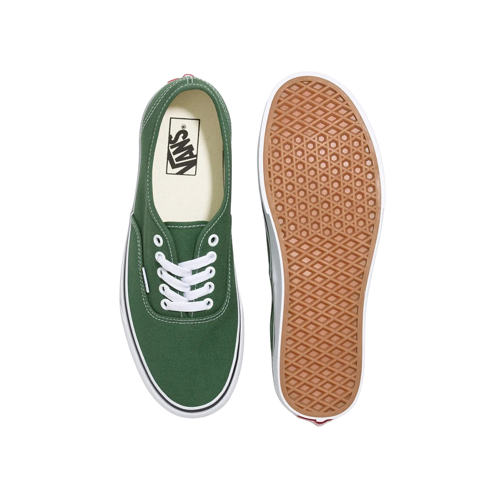 Green Vans sneaker shown from front and sole on a white background