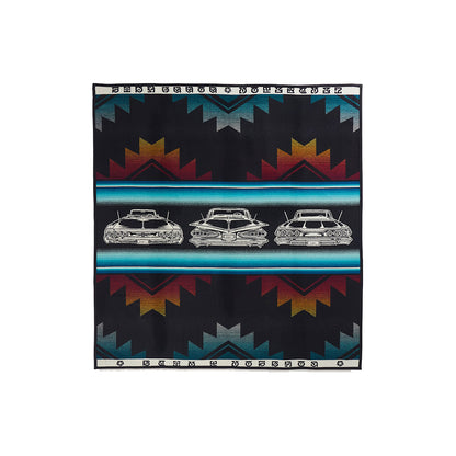 Fabric with geometric pattern and vintage car design on a black background