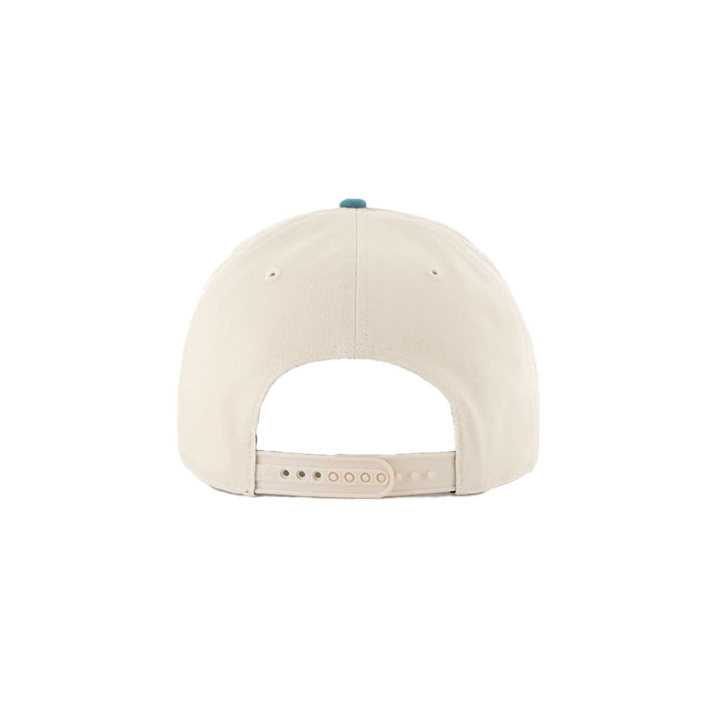Back view of a beige cap with a small logo on a white background