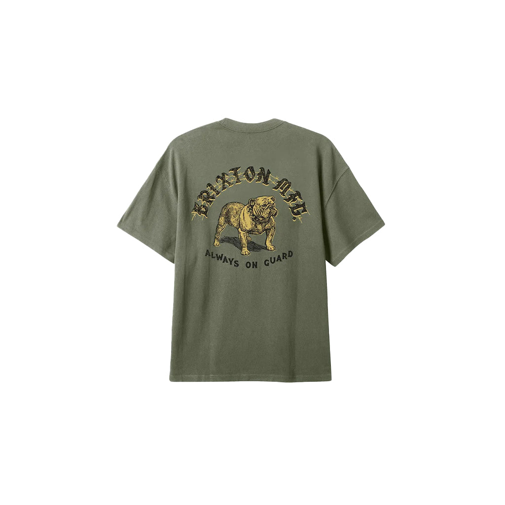 Green t-shirt with bulldog graphic and text on a white background
