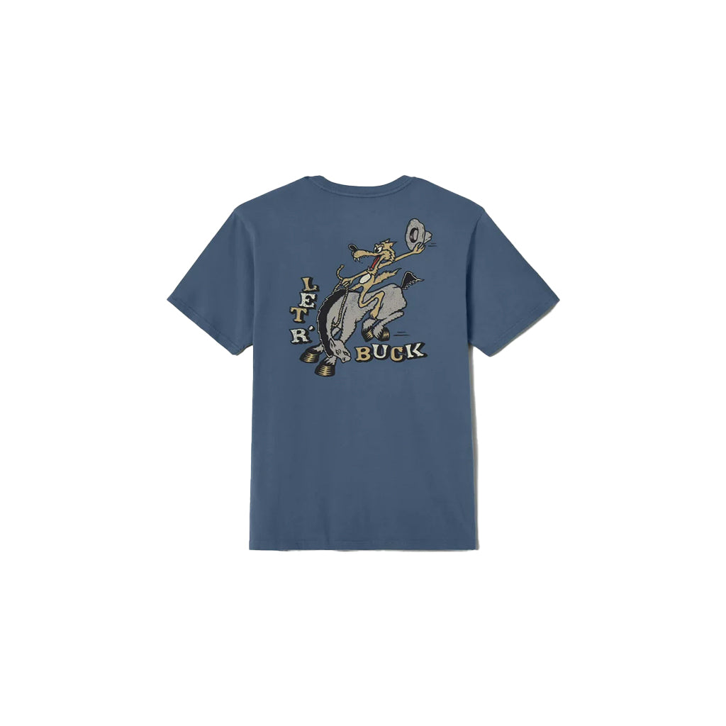 Blue t-shirt with a graphic design on the back on a white background