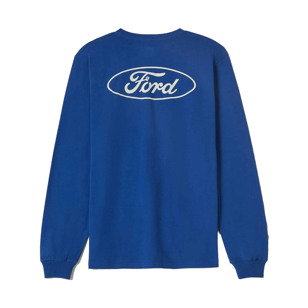Blue long-sleeve shirt with Ford logo on the back against a white background