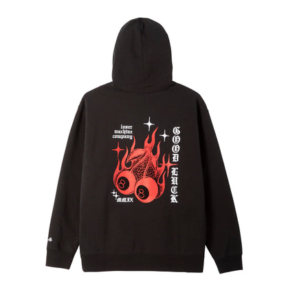 Black hoodie with red and white graphic design on the back against a white background