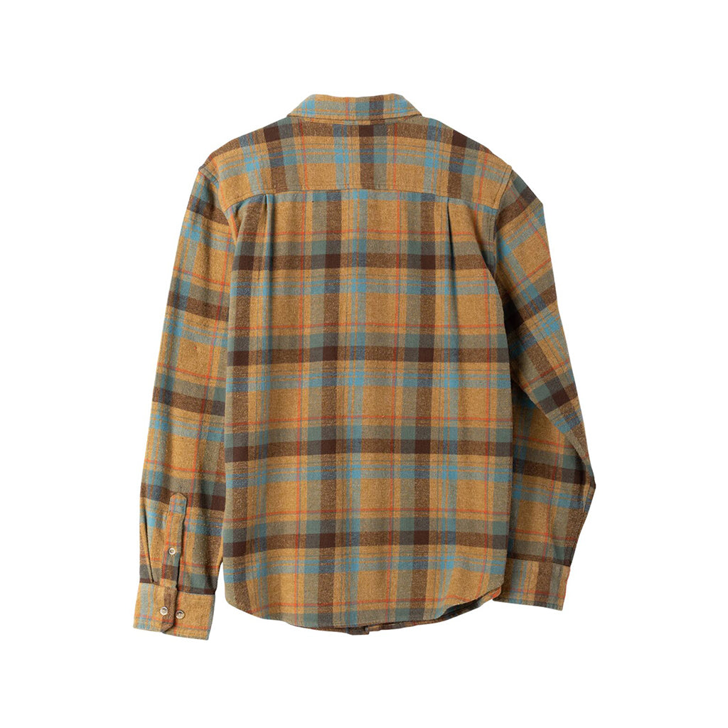Plaid shirt with brown, blue, and beige pattern on a white background