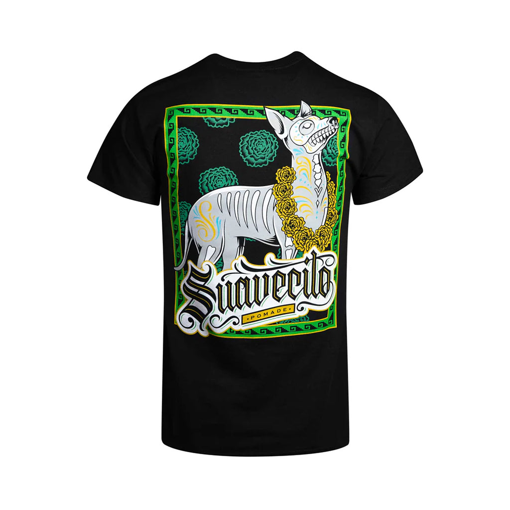 Black t-shirt with a graphic design of a dog and 'Suavecito' text on a white background